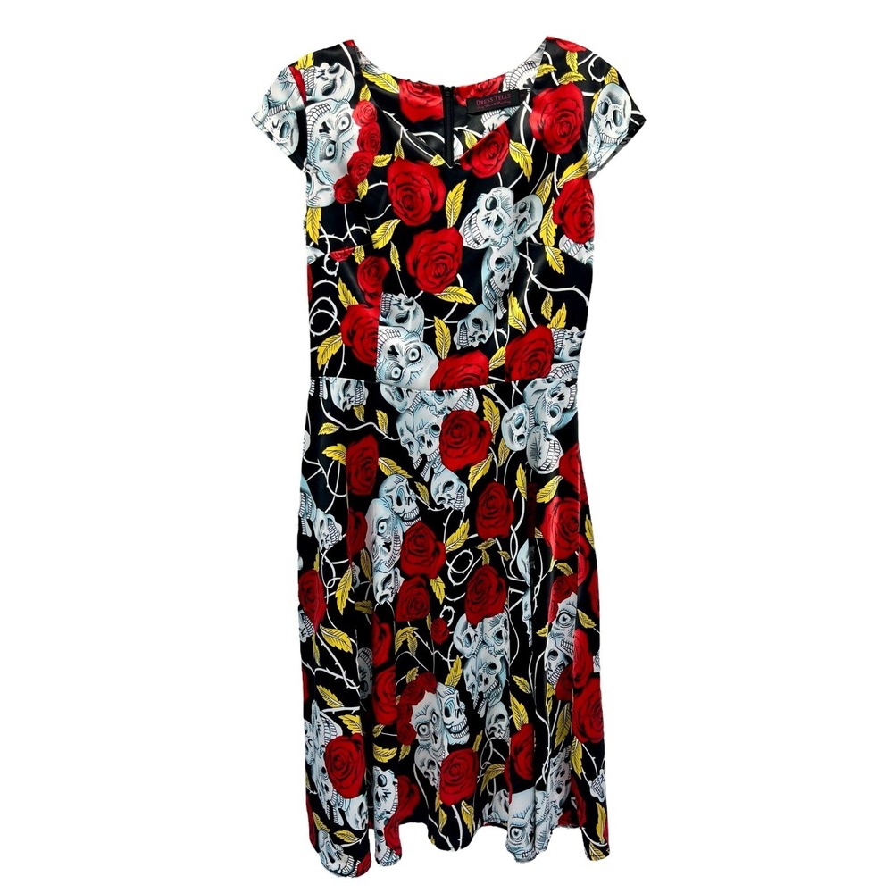 Dress Tells Roses Skulls Black Cap Sleeve Belted Retro Dress Women's Size Small - Picture 1 of 7